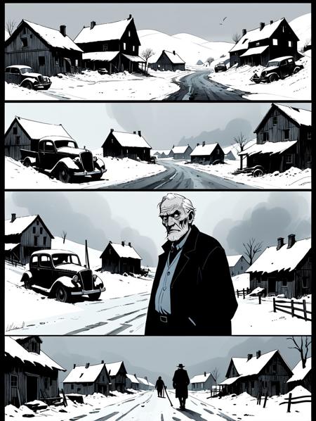 36741-3481780087-a page from a comic book, portrait of a old man waliking in the street , minimalist sketching, (murder in snow, a old man  visit.jpg